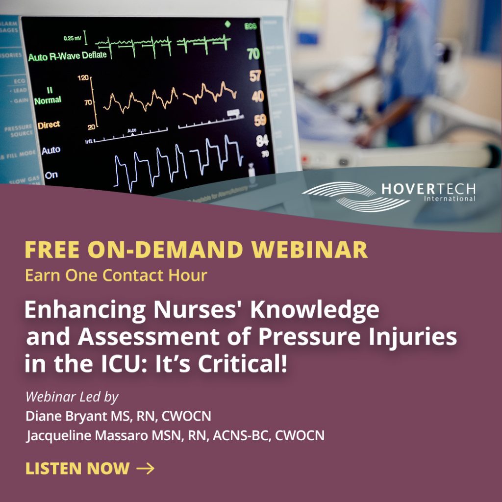 free webinar, earn one contact hour, listen now, burgundy, medical device, enhancing nurses knowledge assessment pressure injuries ICU